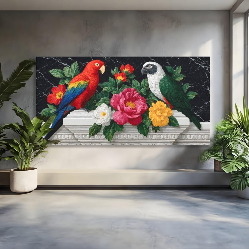 Tablou canvas cu pictura cu papagali si flori, fara rama, pe sasiu de lemn